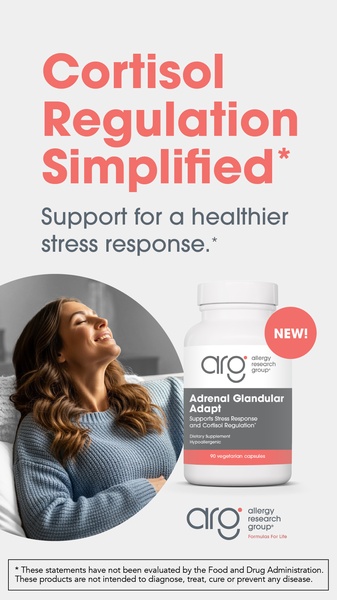 A clean, minimalist 9:16 vertical ad creative promoting adrenal health supplements. It features a tranquil, happy user alongside a professional product shot.